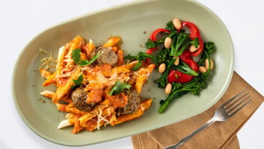 Penne vodka meatballs with broccoli stufato