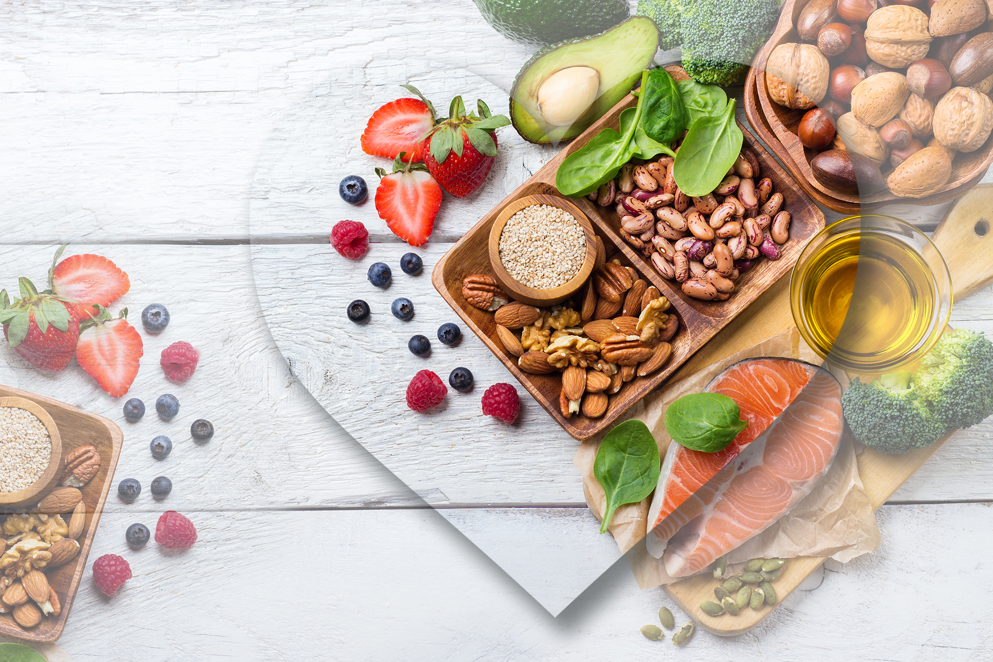 Heart healthy foods like nuts, fruit and fish